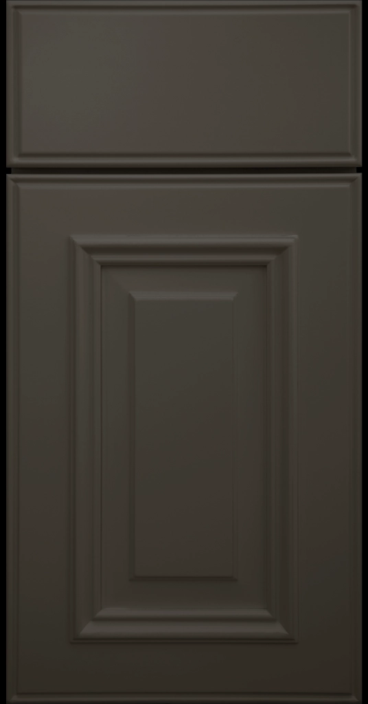 Custom Urbane Bronze color Anderson Raised Panel Kitchen Cabinet Door and matching Slab Drawer Front.